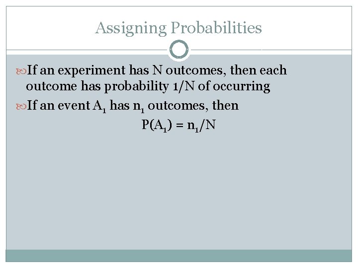 Assigning Probabilities If an experiment has N outcomes, then each outcome has probability 1/N