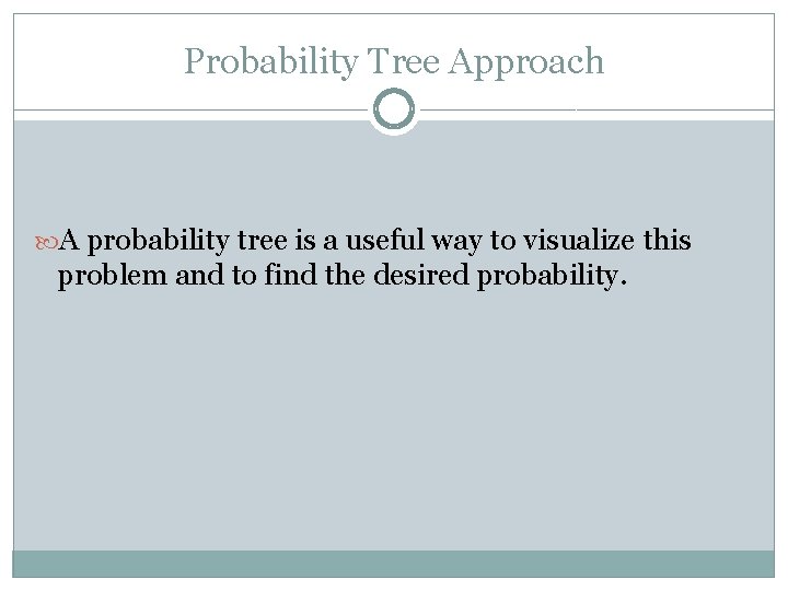 Probability Tree Approach A probability tree is a useful way to visualize this problem