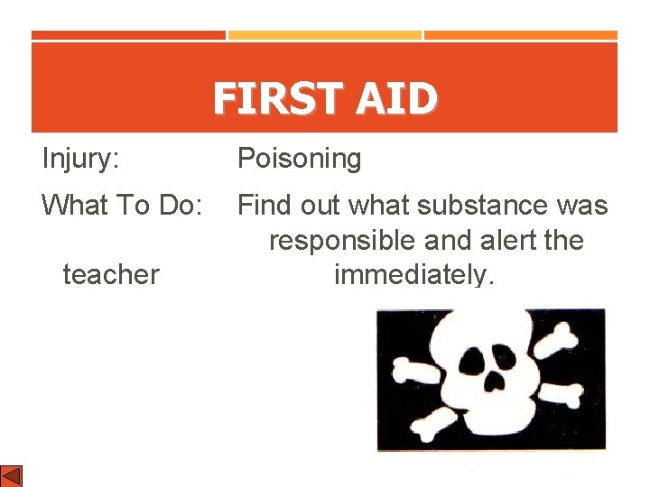FIRST AID Injury: Poisoning What To Do: Find out what substance was responsible and