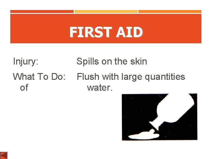 FIRST AID Injury: Spills on the skin What To Do: of Flush with large