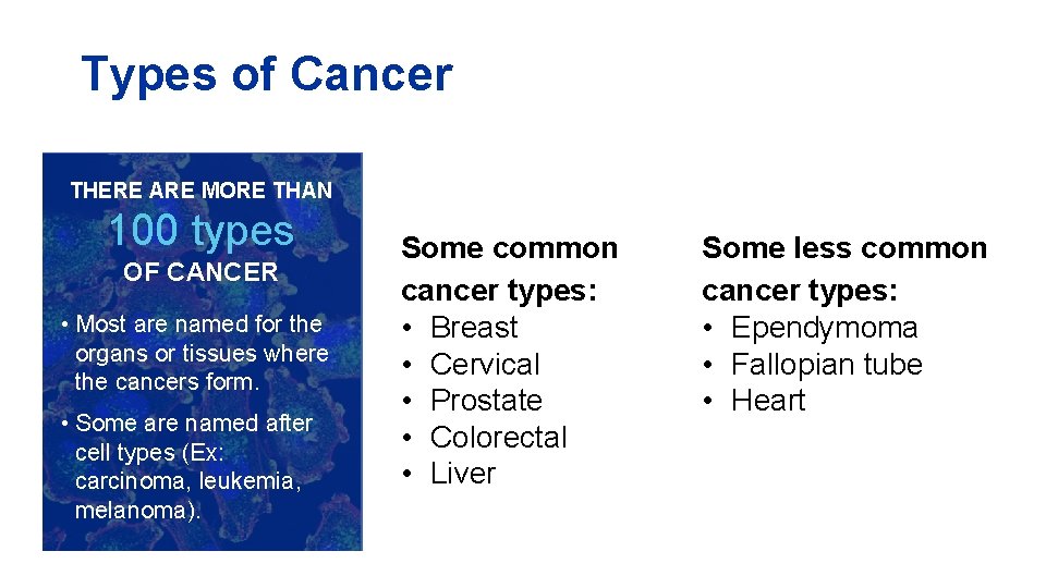 Types of Cancer THERE ARE MORE THAN 100 types OF CANCER • Most are