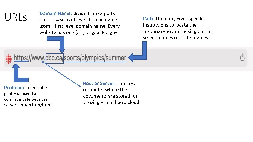 URLs Domain Name: divided into 2 parts the cbc = second level domain name; URLs Domain Name: divided into 2 parts the cbc = second level domain name;