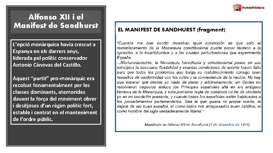 Alfonso XII i el Manifest de Sandhurst L’opció monàrquica havia crescut a Espanya en