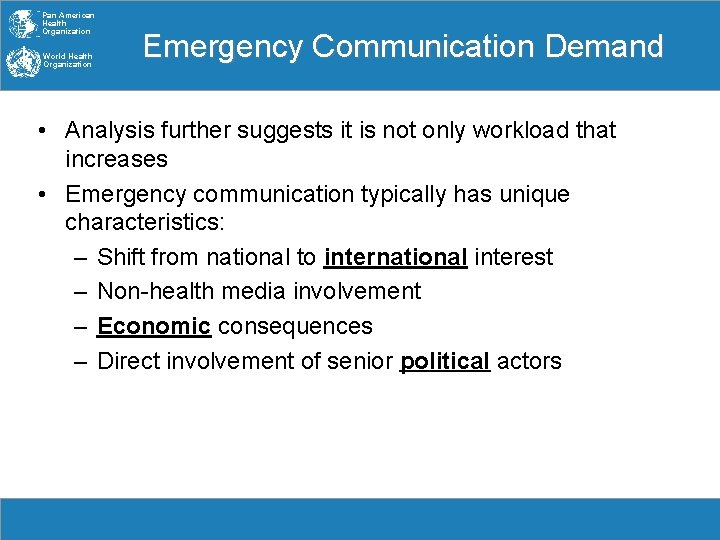 Pan American Health Organization World Health Organization Emergency Communication Demand • Analysis further suggests