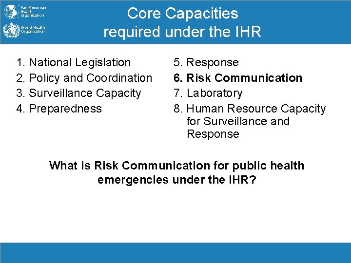 Pan American Health Organization World Health Organization Core Capacities required under the IHR 1.