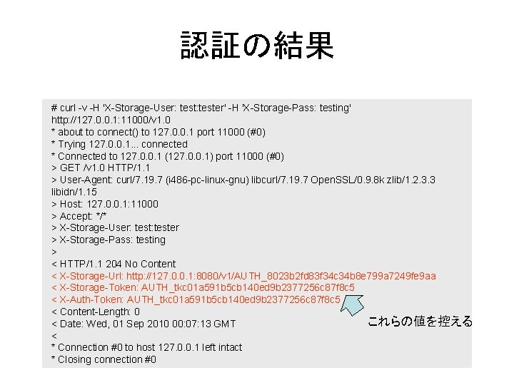 認証の結果 # curl -v -H 'X-Storage-User: tester' -H 'X-Storage-Pass: testing' http: //127. 0. 0.