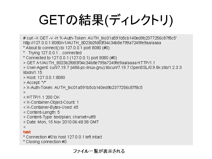 GETの結果(ディレクトリ) # curl -X GET -v -H 'X-Auth-Token: AUTH_tkc 01 a 591 b 5
