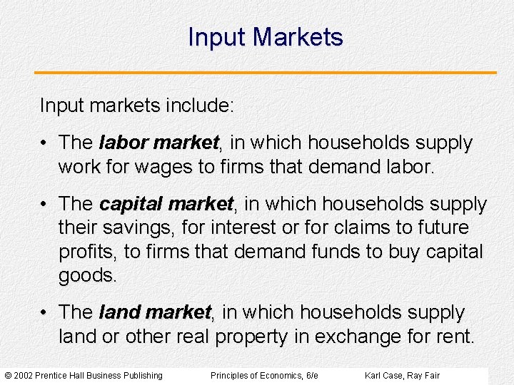 Input Markets Input markets include: • The labor market, in which households supply work