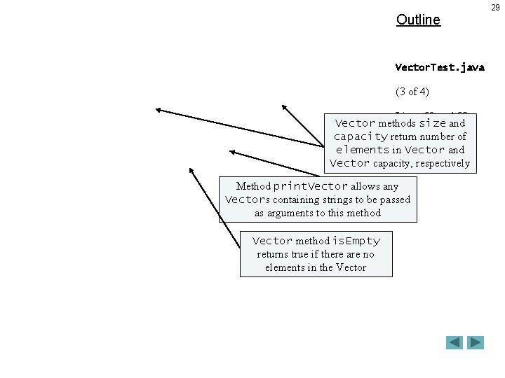 Outline Vector. Test. java (3 of 4) Lines 52 and 53 Vector methods size Outline Vector. Test. java (3 of 4) Lines 52 and 53 Vector methods size
