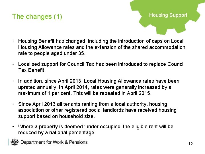 The changes (1) Housing Support • Housing Benefit has changed, including the introduction of