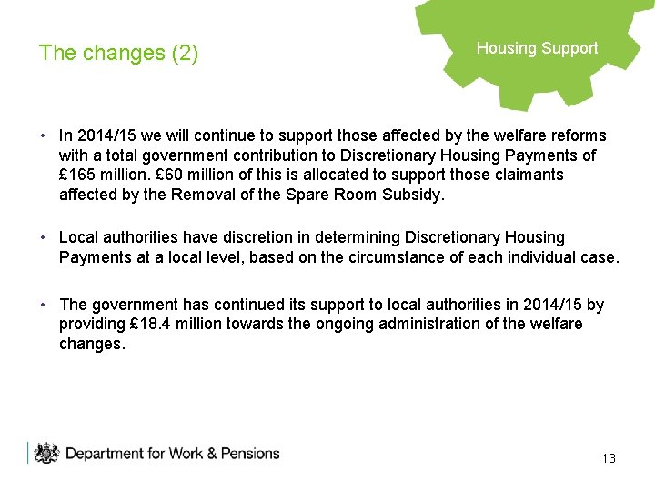 The changes (2) Housing Support • In 2014/15 we will continue to support those