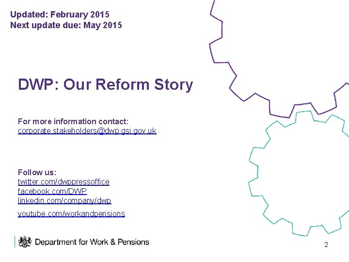 Updated: February 2015 Next update due: May 2015 DWP: Our Reform Story For more