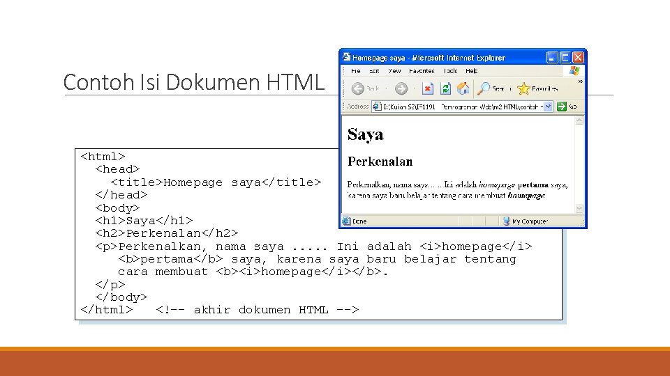 Contoh Isi Dokumen HTML <html> <head> <title>Homepage saya</title> </head> <body> <h 1>Saya</h 1> <h