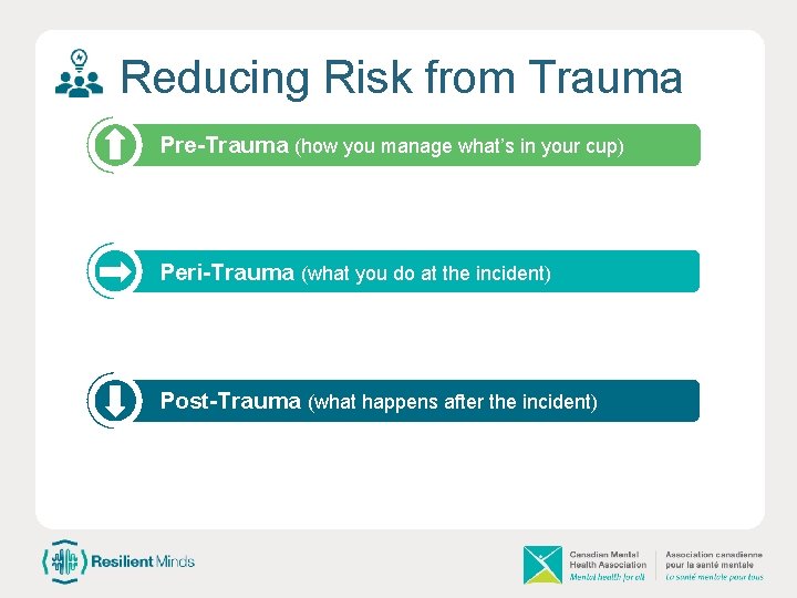 Reducing Risk from Trauma Pre-Trauma (how you manage what’s in your cup) Peri-Trauma (what