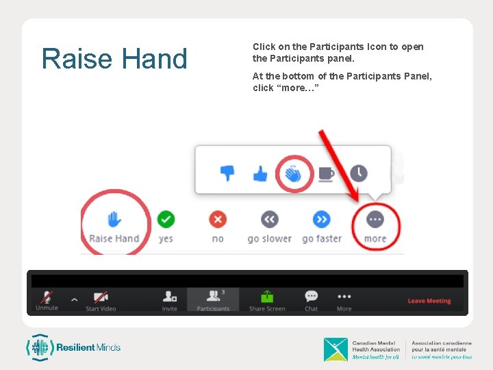 Raise Hand Click on the Participants Icon to open the Participants panel. At the