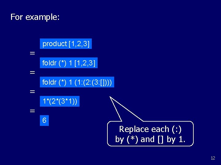 For example: = = product [1, 2, 3] foldr (*) 1 (1: (2: (3: