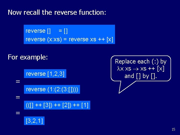 Now recall the reverse function: reverse [] = [] reverse (x: xs) = reverse