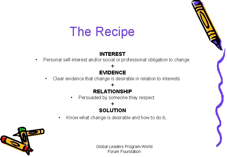 The Recipe INTEREST • Personal self-interest and/or social or professional obligation to change +