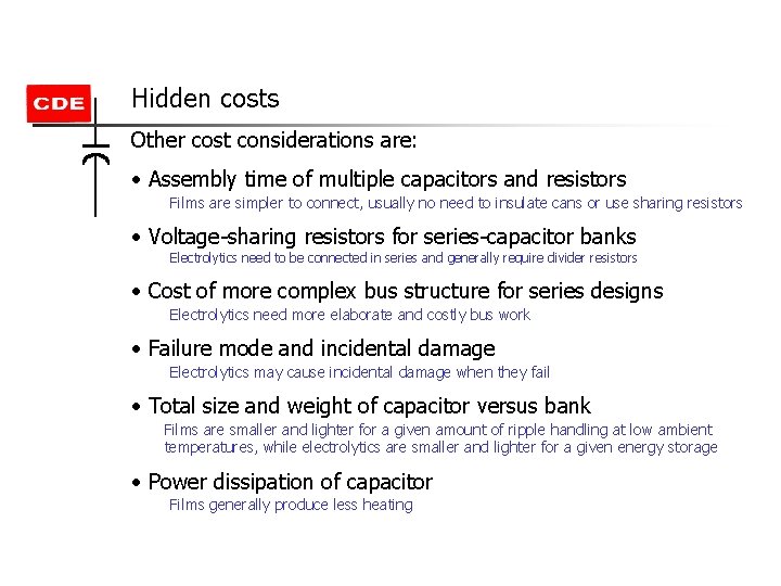 Hidden costs Other cost considerations are: • Assembly time of multiple capacitors and resistors Hidden costs Other cost considerations are: • Assembly time of multiple capacitors and resistors
