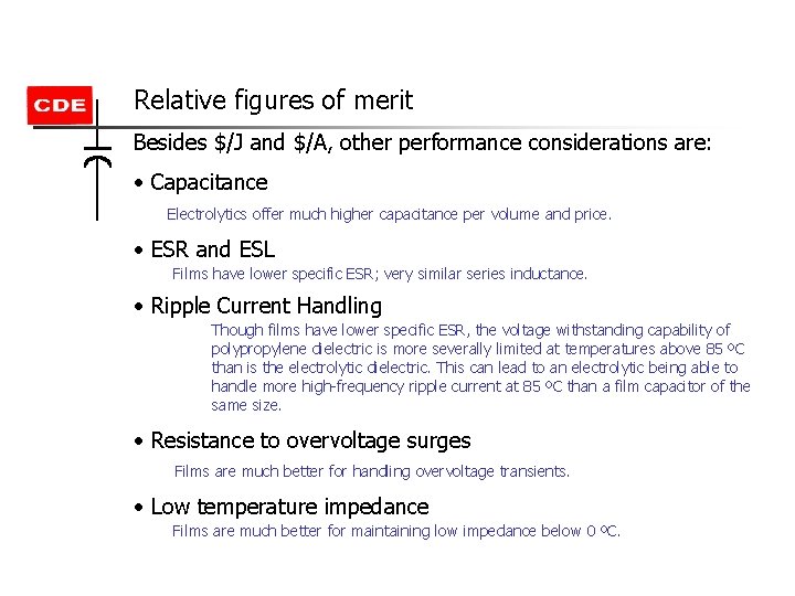 Relative figures of merit Besides $/J and $/A, other performance considerations are: • Capacitance Relative figures of merit Besides $/J and $/A, other performance considerations are: • Capacitance