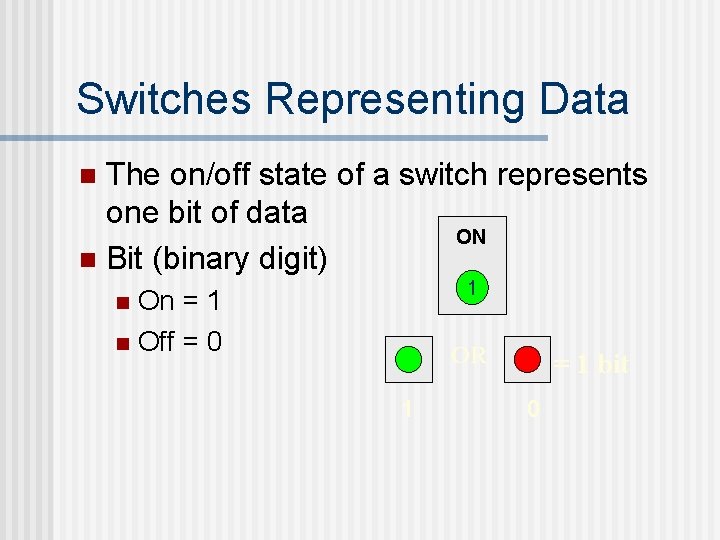 Switches Representing Data The on/off state of a switch represents one bit of data