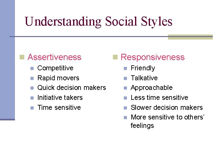 Understanding Social Styles n Assertiveness n n n Competitive Rapid movers Quick decision makers