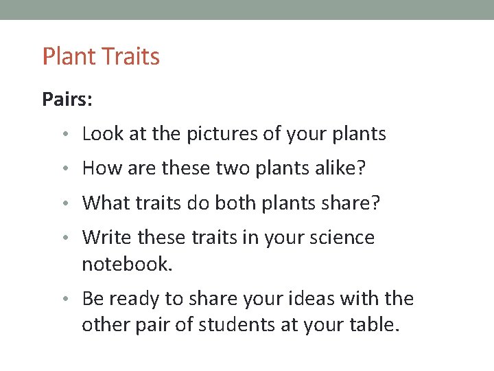 Plant Traits Pairs: • Look at the pictures of your plants • How are
