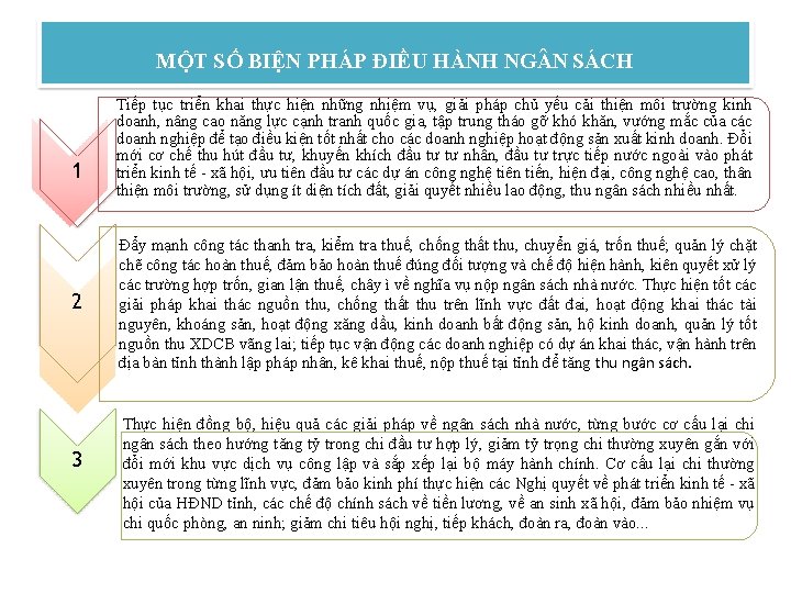 MỘT SỐ BIỆN PHÁP ĐIỀU HÀNH NG N SÁCH 1 2 3 Tiếp tục MỘT SỐ BIỆN PHÁP ĐIỀU HÀNH NG N SÁCH 1 2 3 Tiếp tục