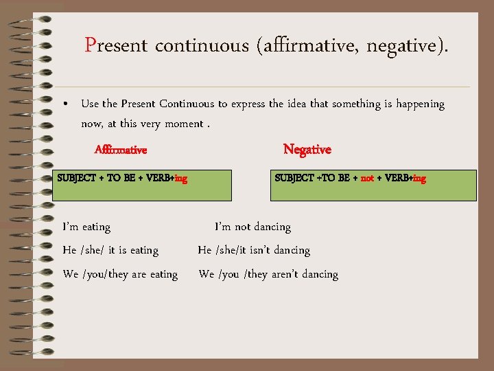 Present continuous (affirmative, negative). • Use the Present Continuous to express the idea that