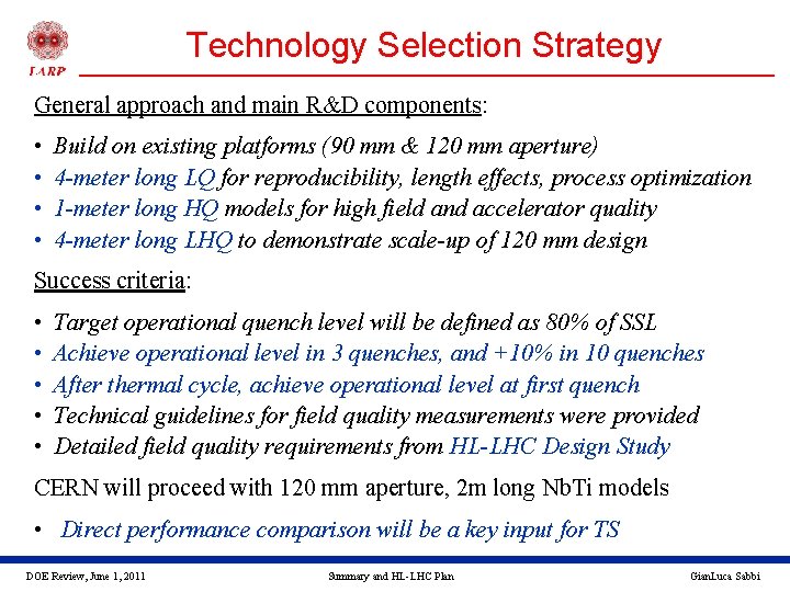 Technology Selection Strategy General approach and main R&D components: • • Build on existing