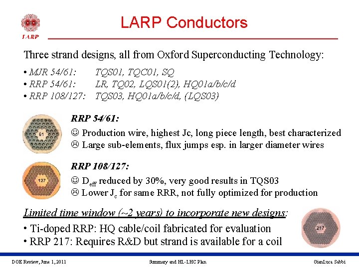 LARP Conductors Three strand designs, all from Oxford Superconducting Technology: • MJR 54/61: TQS