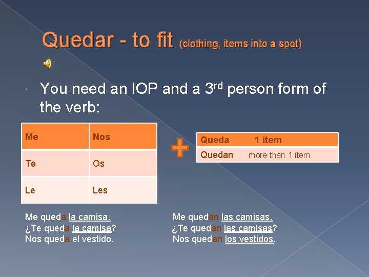 Quedar - to fit (clothing, items into a spot) Me You need an IOP