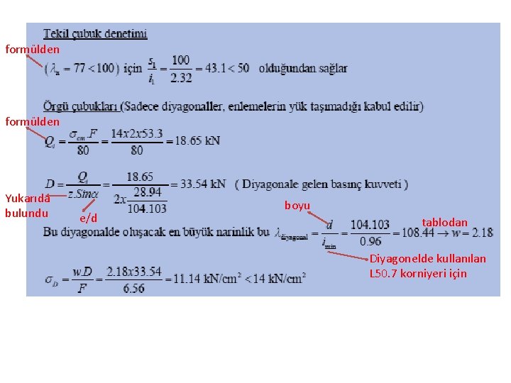 formülden Yukarıda bulundu e/d boyu tablodan Diyagonelde kullanılan L 50. 7 korniyeri için 