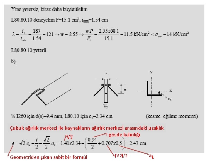 Çubuk ağırlık merkezi ile kaynakların ağırlık merkezi arasındaki uzaklık I gövde kalınlığı Ѵ 2