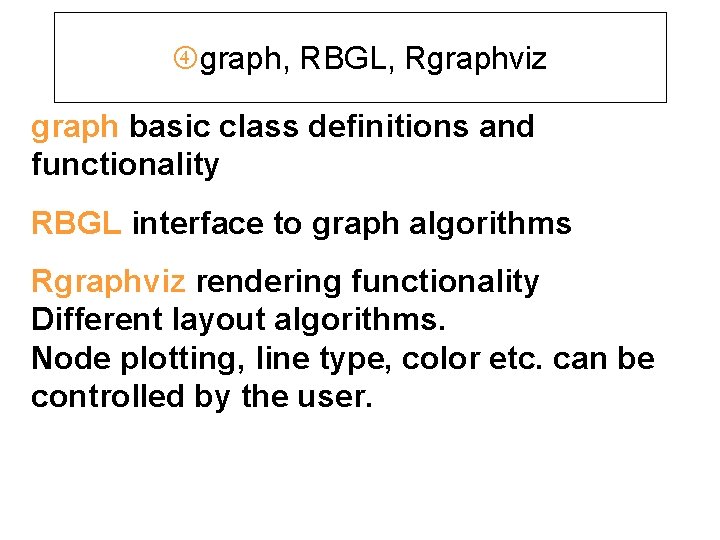  graph, RBGL, Rgraphviz graph basic class definitions and functionality RBGL interface to graph