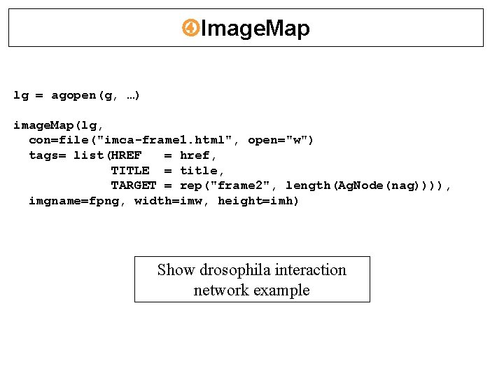  Image. Map lg = agopen(g, …) image. Map(lg, con=file("imca-frame 1. html", open="w") tags=