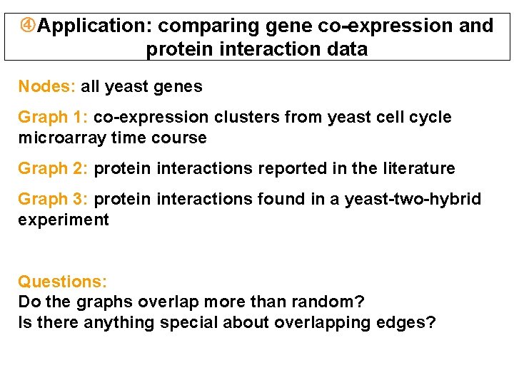  Application: comparing gene co-expression and protein interaction data Nodes: all yeast genes Graph