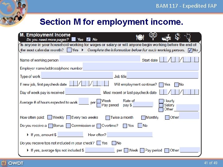 BAM 117 - Expedited FAP Section M for employment income. 41 of 49 