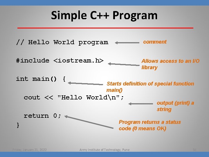 Simple C++ Program // Hello World program comment #include <iostream. h> int main() {