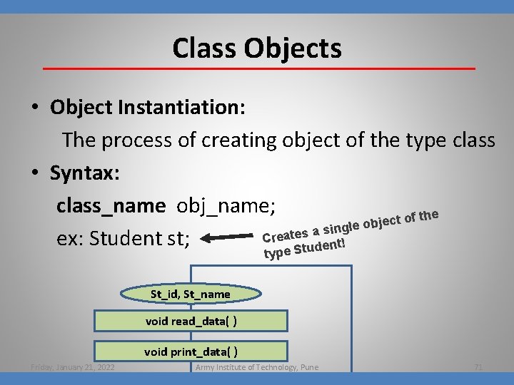 Class Objects • Object Instantiation: The process of creating object of the type class