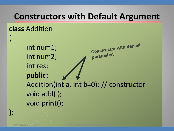 Constructors with Default Argument class Addition { default h t i int num 1;