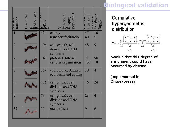 Biological validation Cumulative hypergeometric distribution p-value that this degree of enrichment could have occurred
