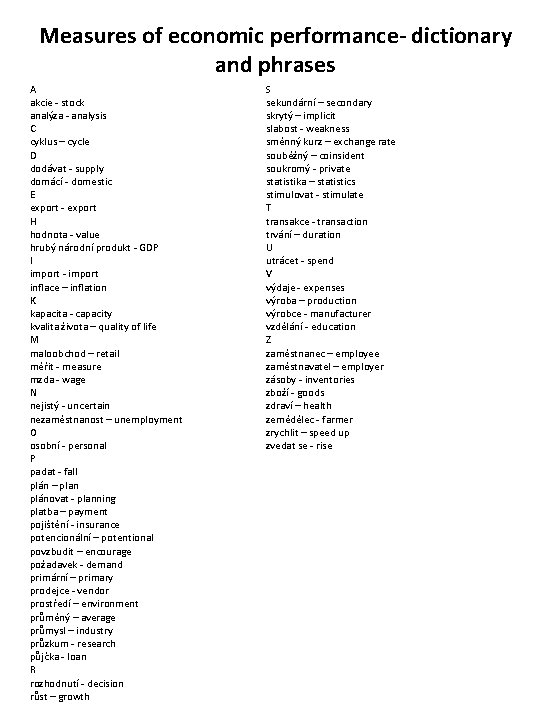 Measures of economic performance- dictionary and phrases A akcie - stock analýza - analysis