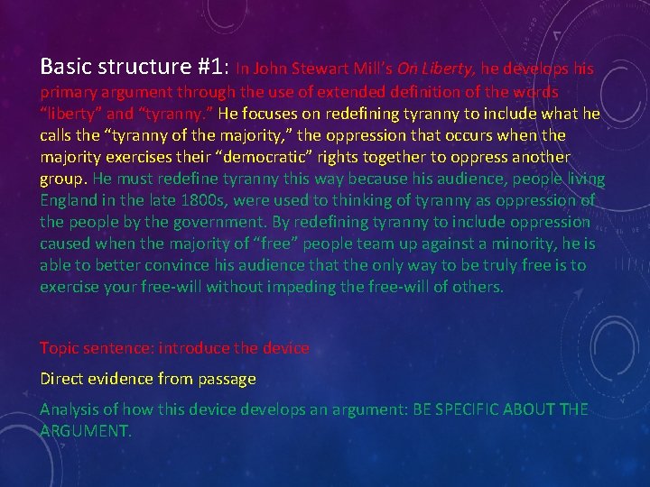 Basic structure #1: In John Stewart Mill’s On Liberty, he develops his primary argument