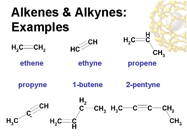 Alkenes & Alkynes: Examples ethene propyne ethyne 1 -butene propene 2 -pentyne 