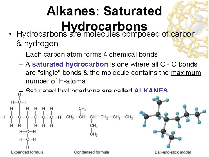  • Alkanes: Saturated Hydrocarbons are molecules composed of carbon & hydrogen – Each