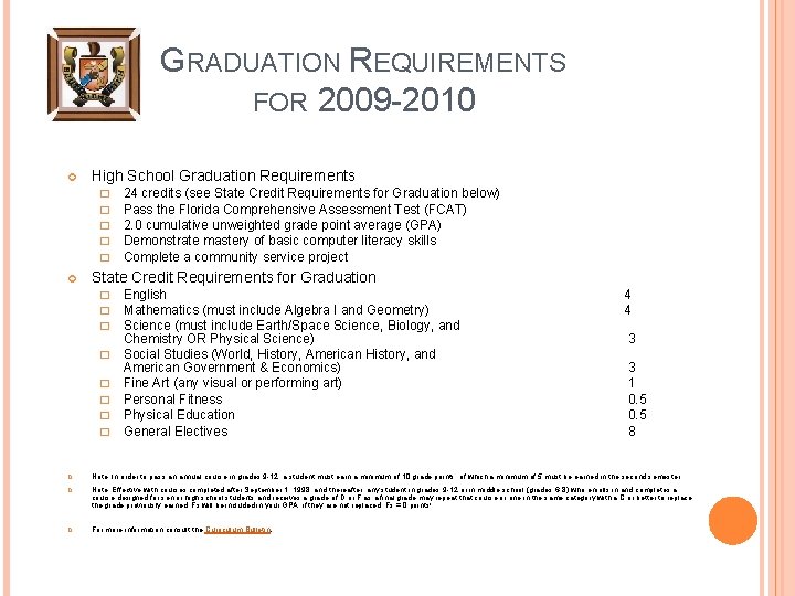 GRADUATION REQUIREMENTS FOR 2009 -2010 High School Graduation Requirements � � � 24 credits