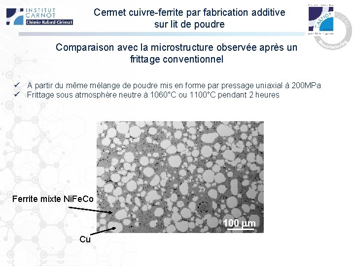 Cermet cuivre-ferrite par fabrication additive sur lit de poudre Comparaison avec la microstructure observée