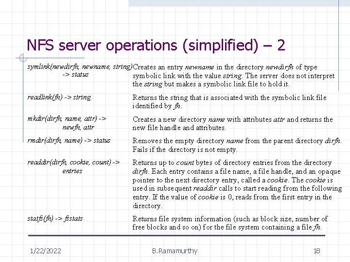 NFS server operations (simplified) – 2 symlink(newdirfh, newname, string)Creates an entry newname in the