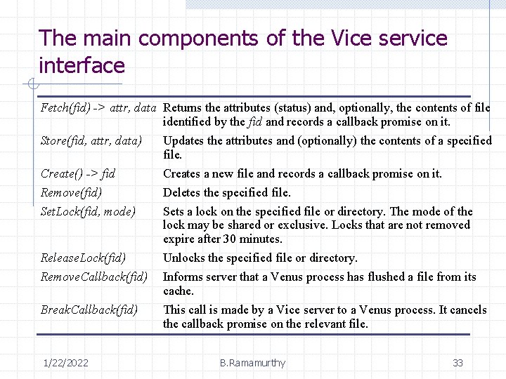 The main components of the Vice service interface Fetch(fid) -> attr, data Returns the
